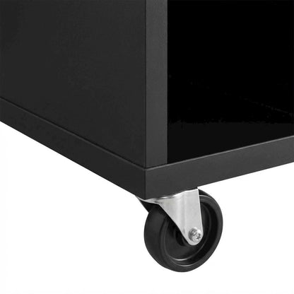 Wooden record player stand with vinyl storage and sleek design
