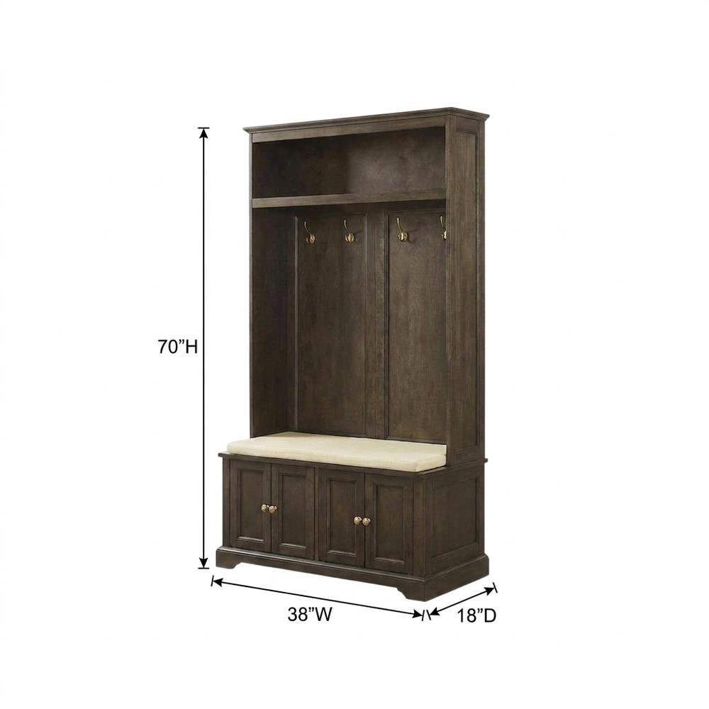 Hall Tree in Classic Finish with Built-In Coat Hooks and Storage Bench
