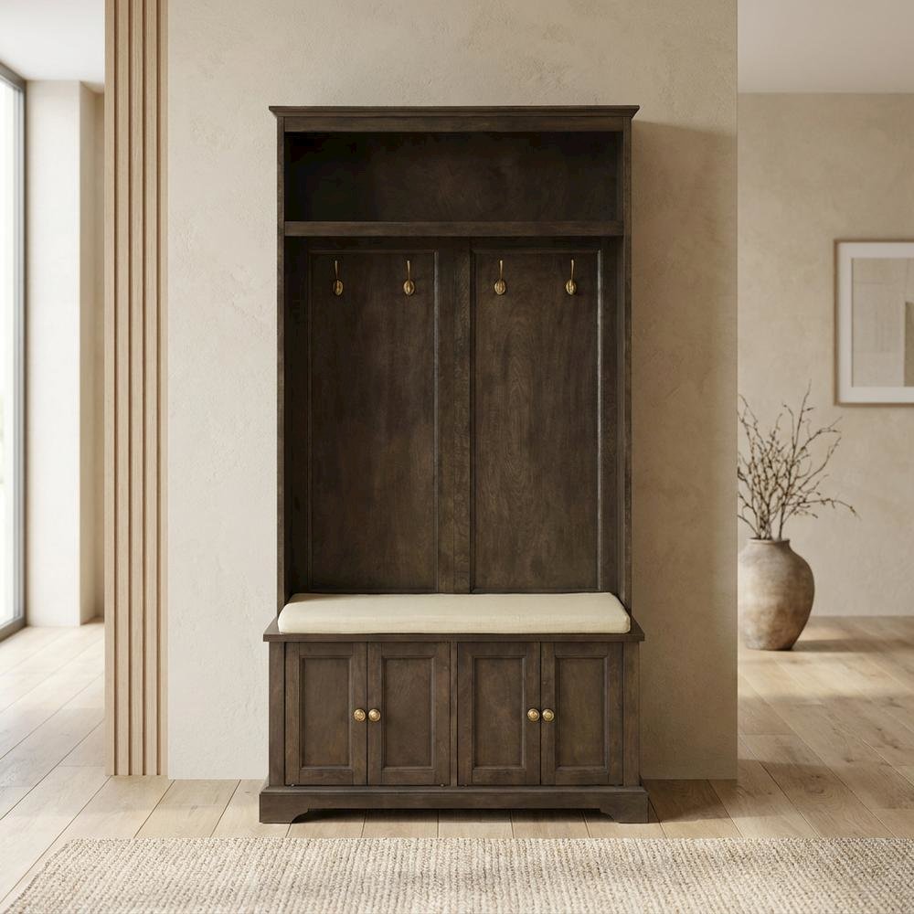 Hall Tree in Classic Finish with Built-In Coat Hooks and Storage Bench