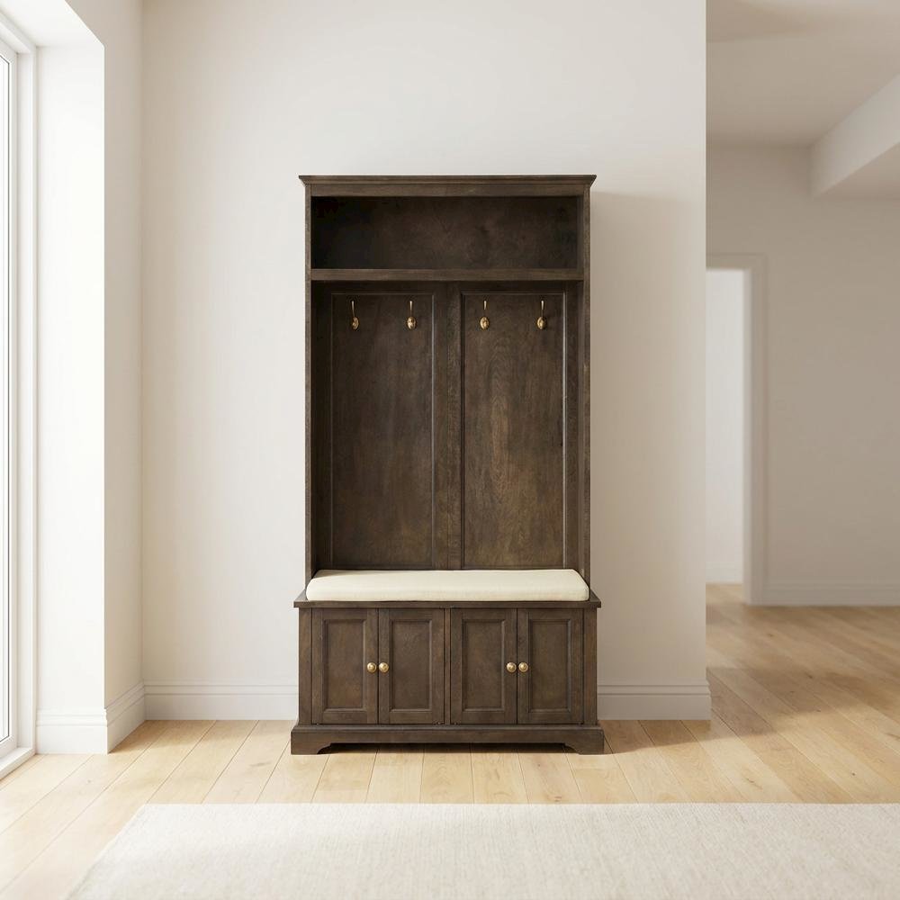 Hall Tree in Classic Finish with Built-In Coat Hooks and Storage Bench