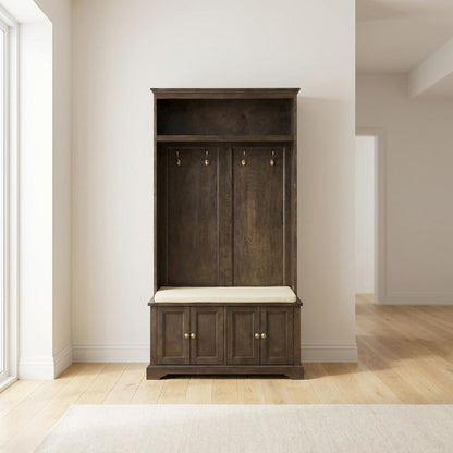 Hall Tree in Classic Finish with Built-In Coat Hooks and Storage Bench