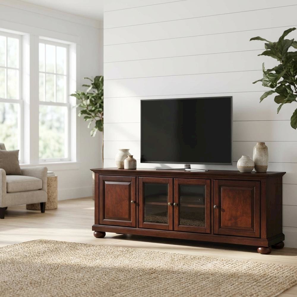 Mahogany Low Profile TV Stand with Anti-Tip Mechanism and Floor Clearance