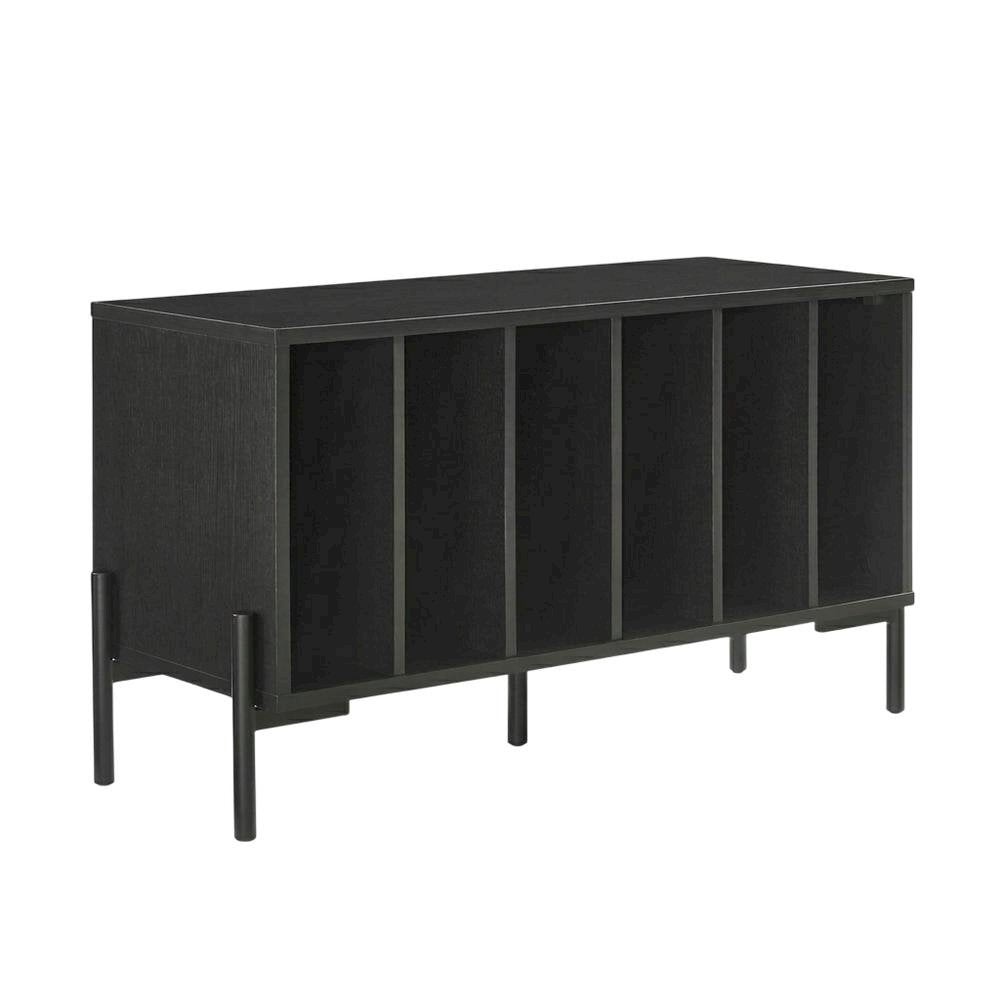 Wooden record player stand with vinyl storage, modern entertainment center