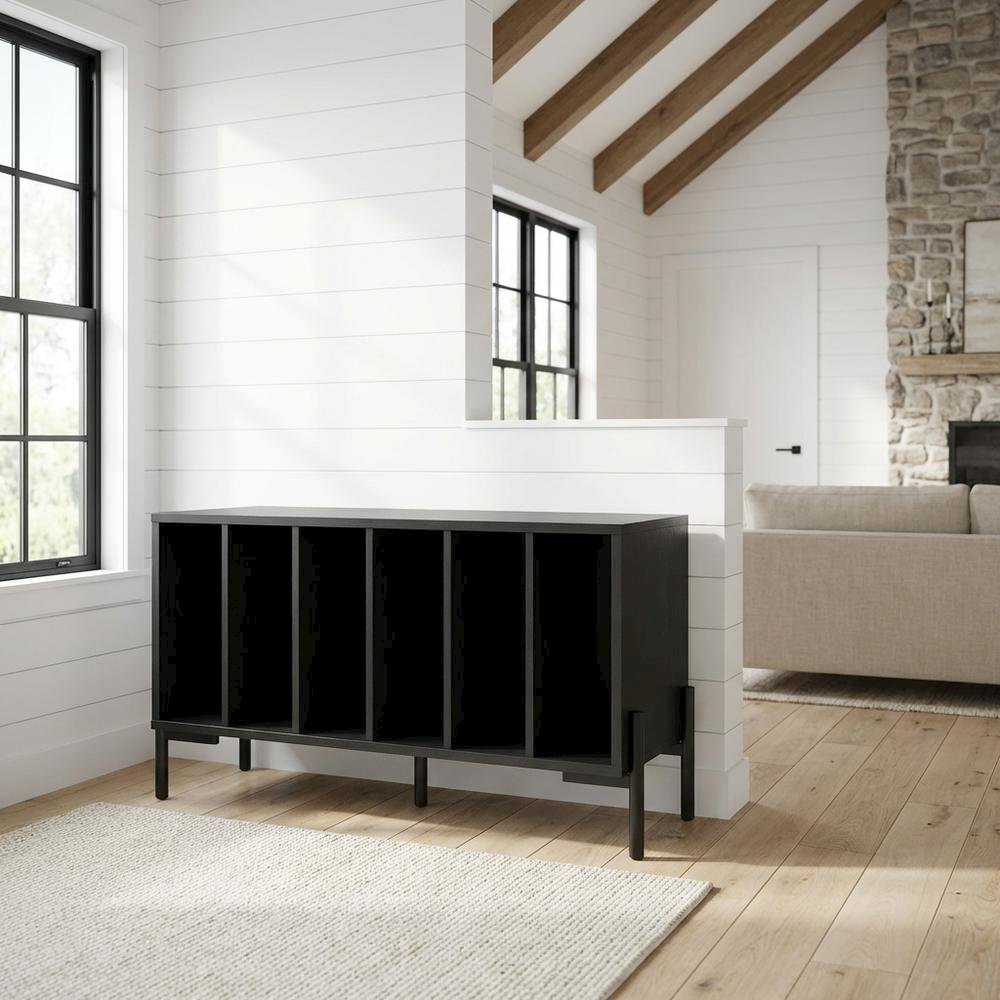 Wooden record player stand with vinyl storage, modern entertainment center
