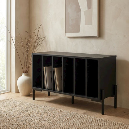 Wooden record player stand with vinyl storage, modern entertainment center