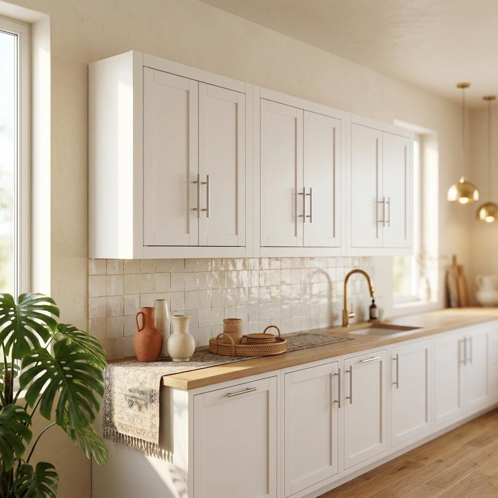 White 3-Piece Wall Kitchen Cabinet Set, MDF Birch Veneer Wide