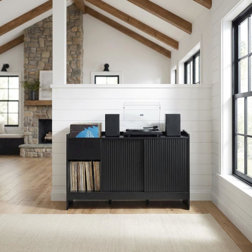 Solid Wood Record Player Cabinet with Vinyl Storage for Entertainment Centers