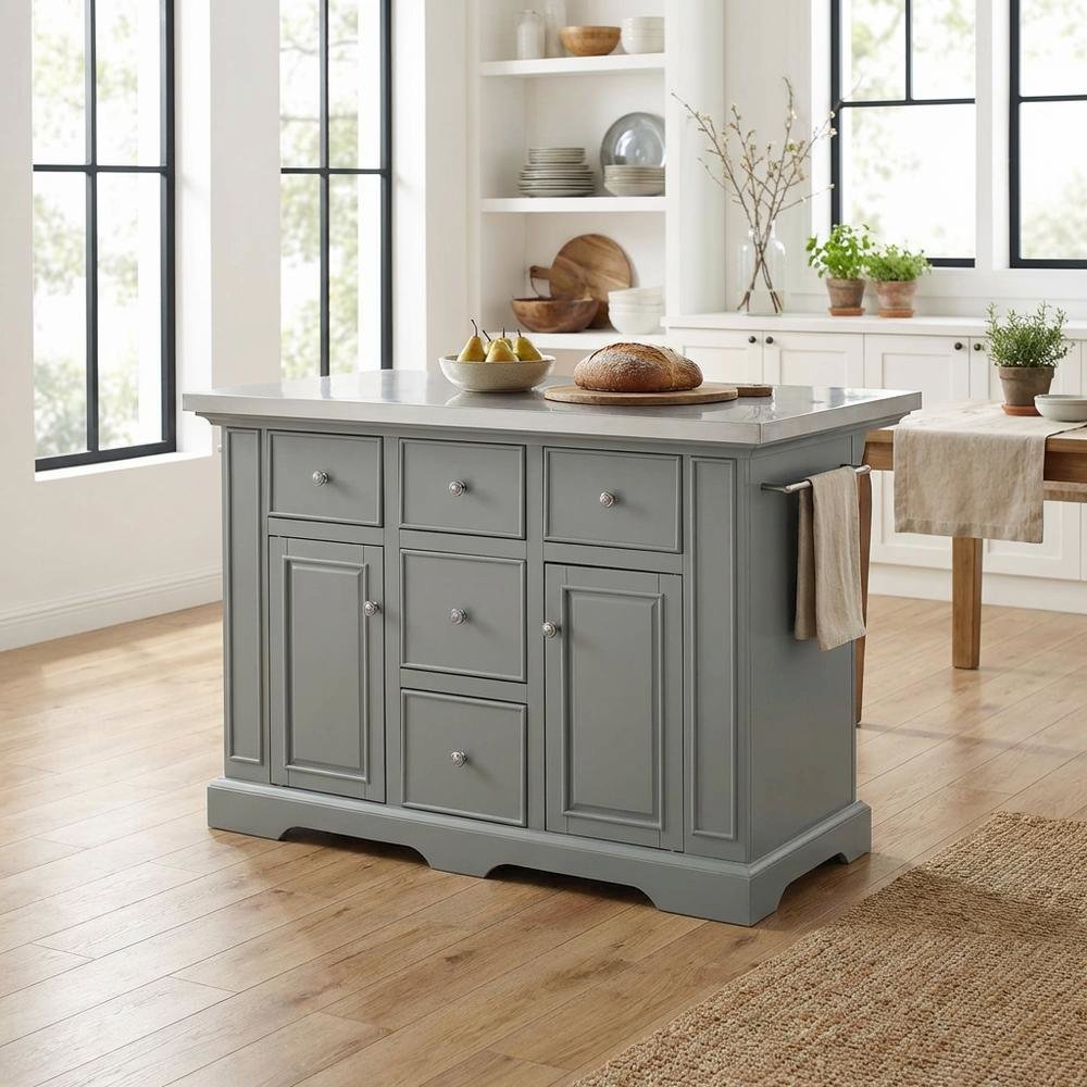 Gray kitchen island with stainless steel accents and anti-tip safety