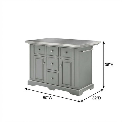 Gray kitchen island with stainless steel accents and anti-tip safety