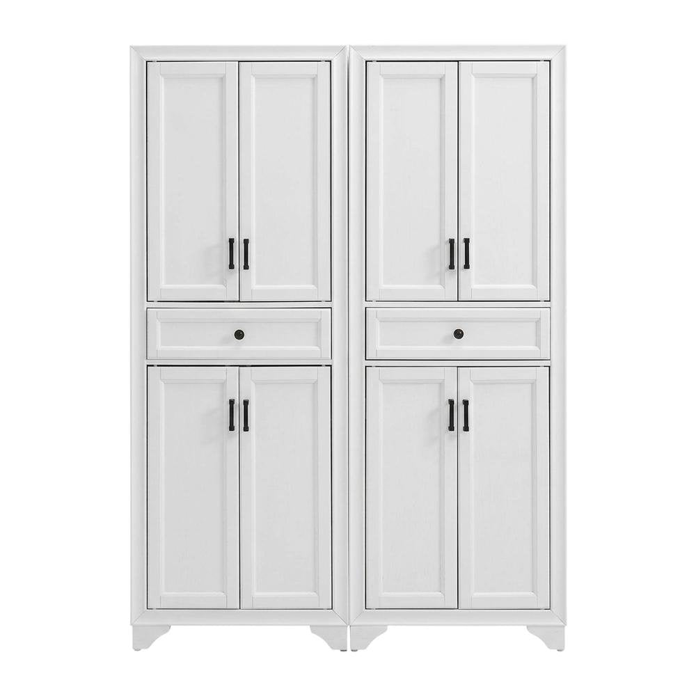 Distressed White Pantry Cabinets with Anti-Tip Mechanism and Floor Clearance