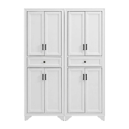 Distressed White Pantry Cabinets with Anti-Tip Mechanism and Floor Clearance