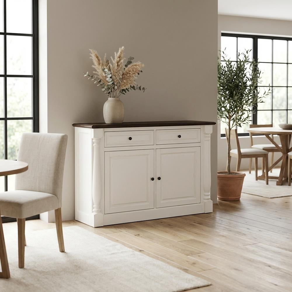White sideboard with anti-tip mechanism and sturdy build, modern storage
