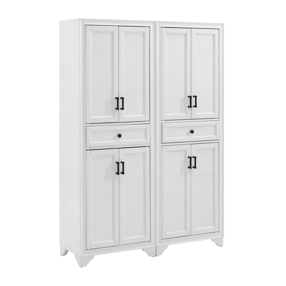 Distressed White Pantry Cabinets with Anti-Tip Mechanism and Floor Clearance