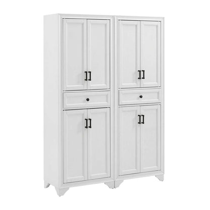 Distressed White Pantry Cabinets with Anti-Tip Mechanism and Floor Clearance
