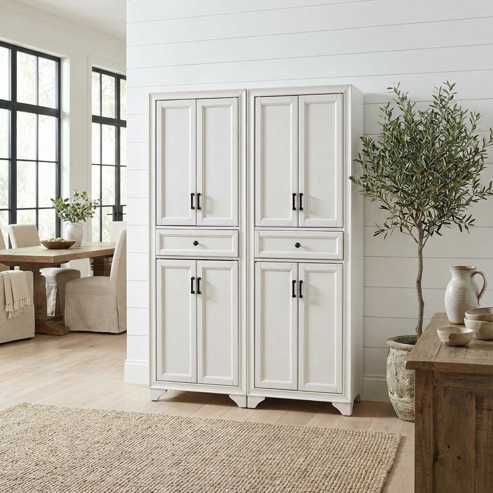 Distressed White Pantry Cabinets with Anti-Tip Mechanism and Floor Clearance
