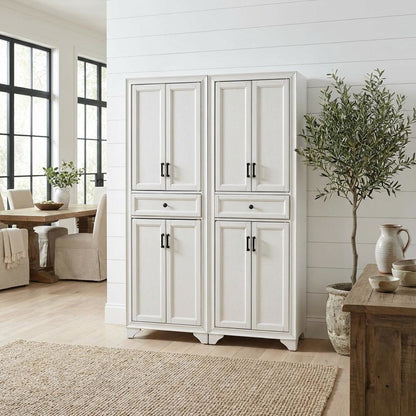 Distressed White Pantry Cabinets with Anti-Tip Mechanism and Floor Clearance