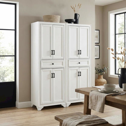 Distressed White Pantry Cabinets with Anti-Tip Mechanism and Floor Clearance