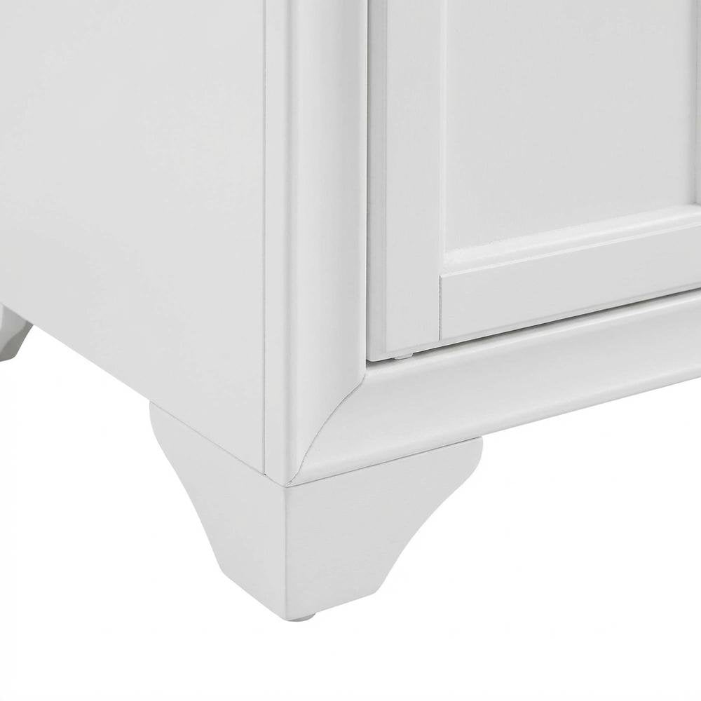 Distressed White Pantry Cabinets with Anti-Tip Mechanism and Floor Clearance