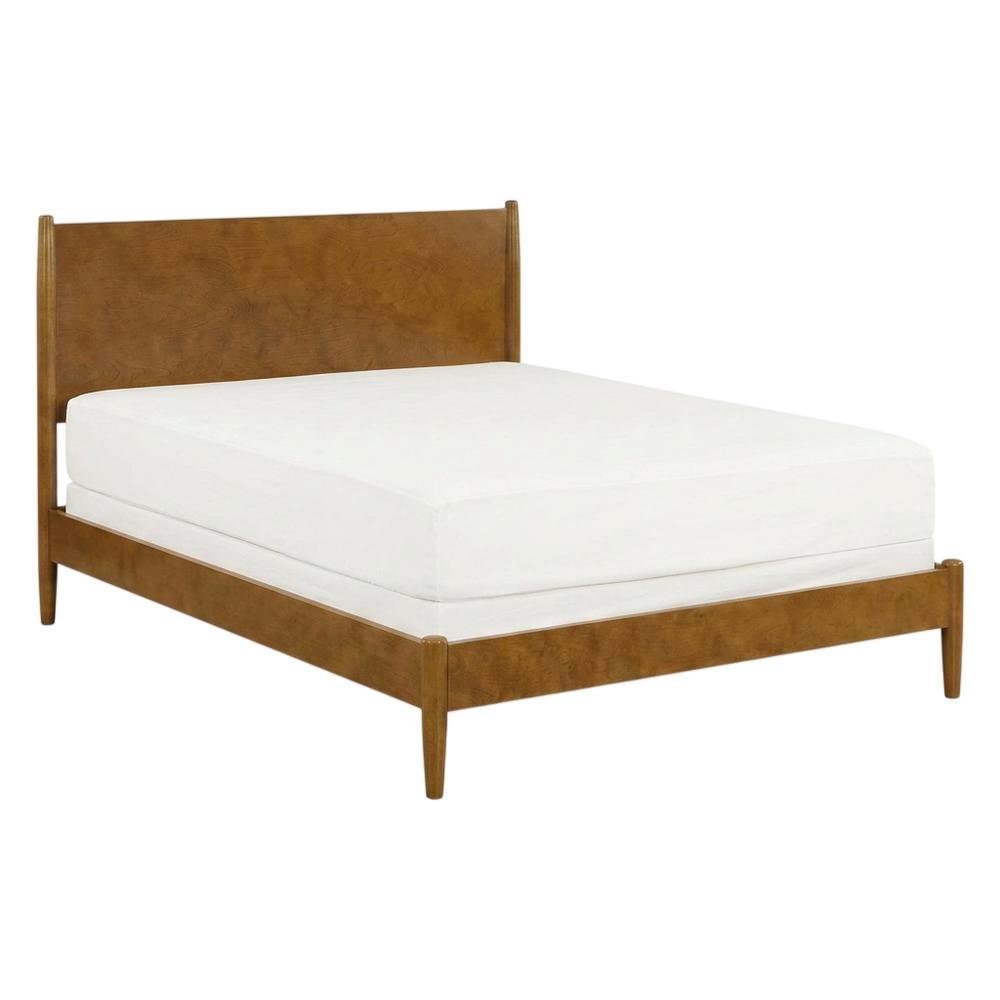 Platform bed with acorn finish, includes headboard, footboard, and rails