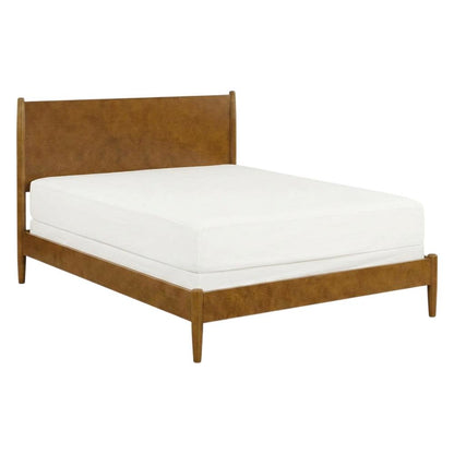 Platform bed with acorn finish, includes headboard, footboard, and rails