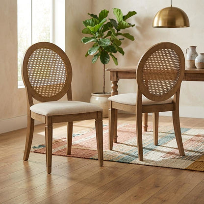 Cane-Back Dining Chair Set with Upholstered Seats and Creme Finish