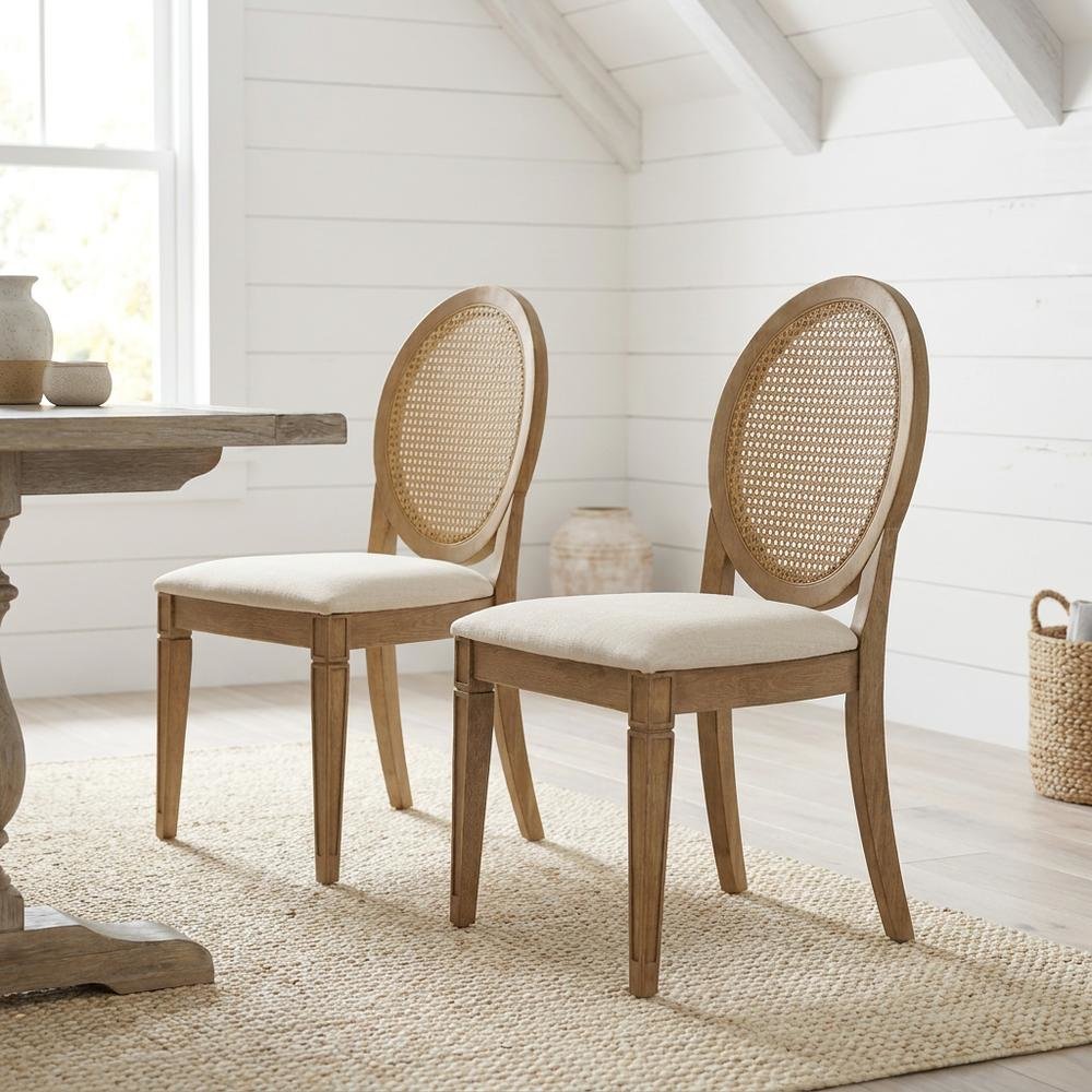 Cane-Back Dining Chair Set with Upholstered Seats and Creme Finish