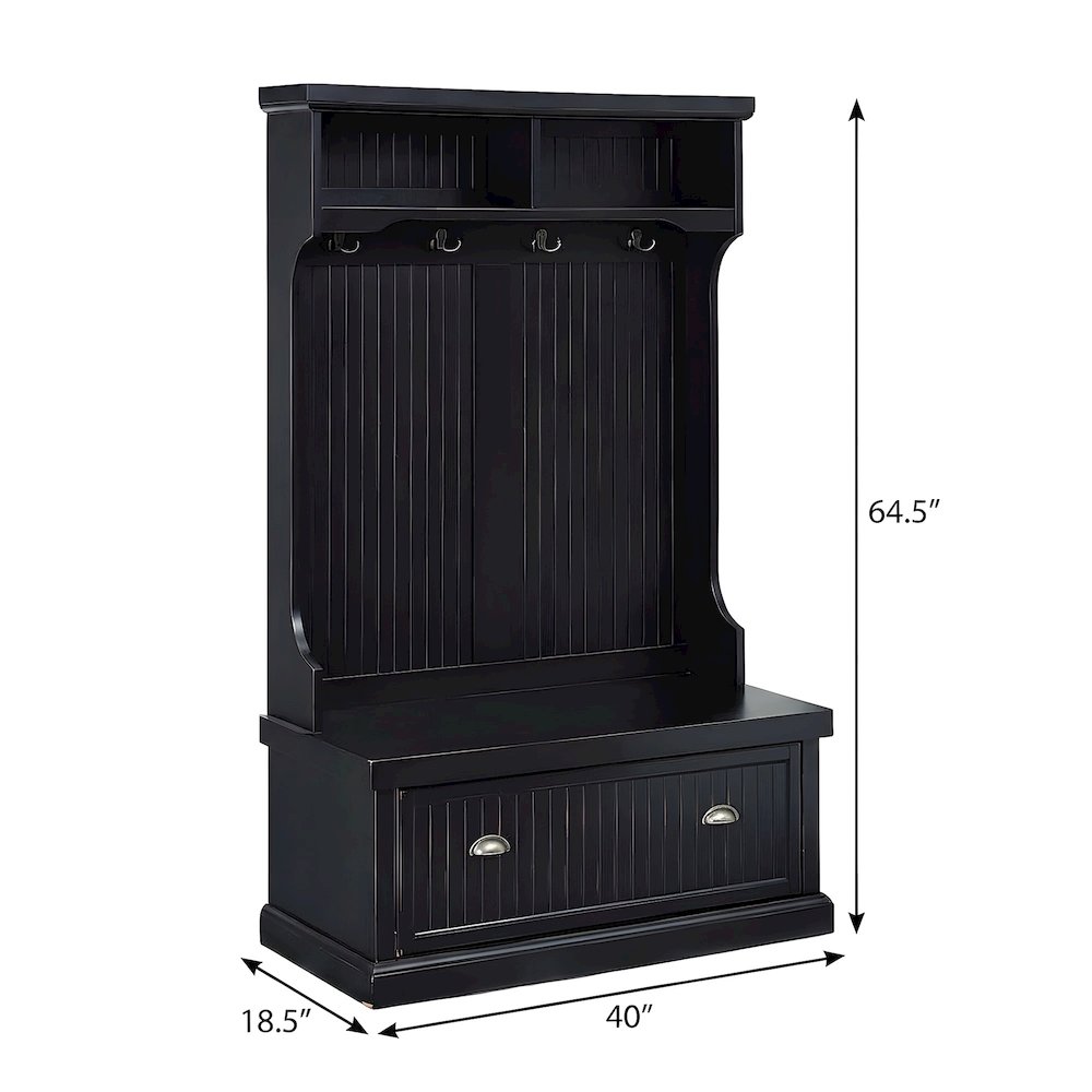 Birch Veneer Hall Tree with Beadboard Panels and Bench Seat, Distressed Black