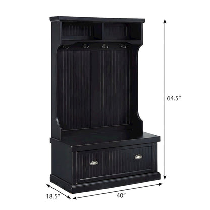 Birch Veneer Hall Tree with Beadboard Panels and Bench Seat, Distressed Black