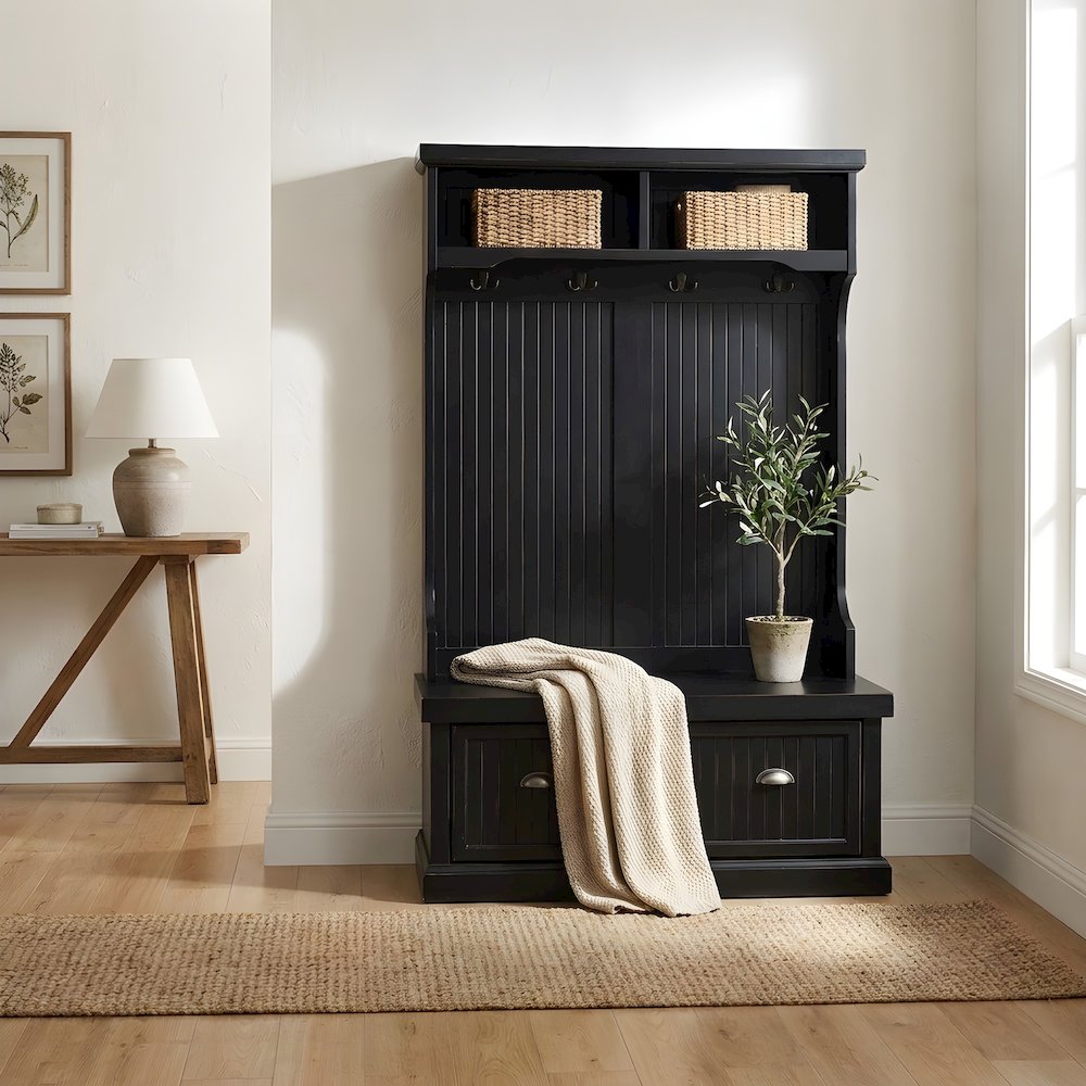 Birch Veneer Hall Tree with Beadboard Panels and Bench Seat, Distressed Black