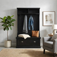 Birch Veneer Hall Tree with Beadboard Panels and Bench Seat, Distressed Black