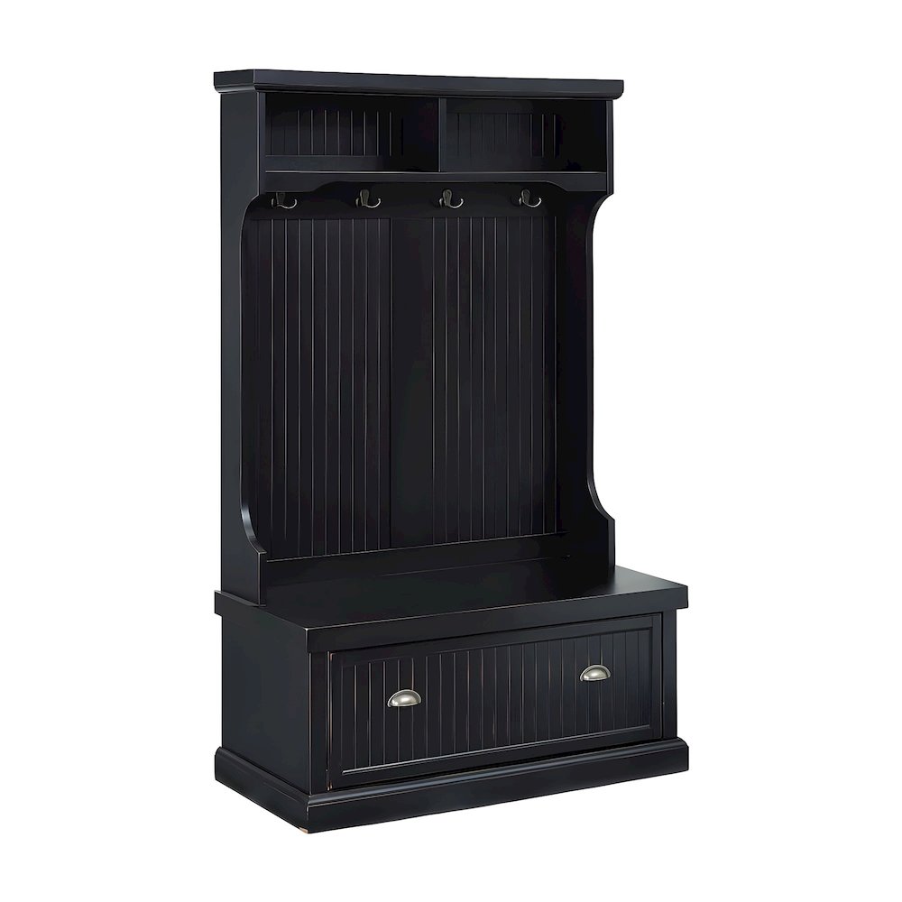 Birch Veneer Hall Tree with Beadboard Panels and Bench Seat, Distressed Black