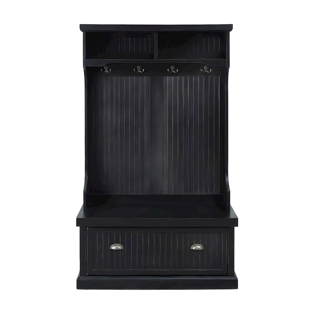 Birch Veneer Hall Tree with Beadboard Panels and Bench Seat, Distressed Black