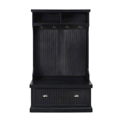 Birch Veneer Hall Tree with Beadboard Panels and Bench Seat, Distressed Black