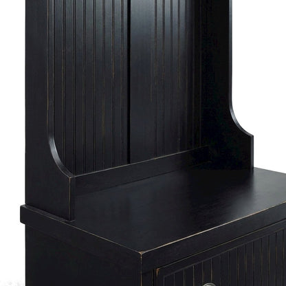 Birch Veneer Hall Tree with Beadboard Panels and Bench Seat, Distressed Black