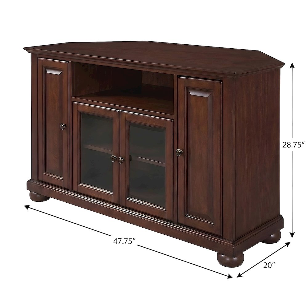 Solid Rubberwood Corner TV Stand with Beveled Glass Doors and Anti-Tip, Mahogany