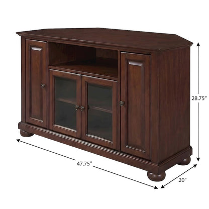Solid Rubberwood Corner TV Stand with Beveled Glass Doors and Anti-Tip, Mahogany