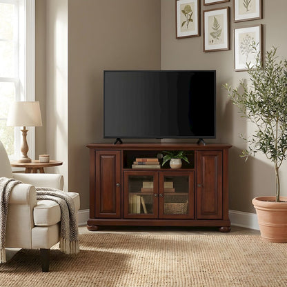 Solid Rubberwood Corner TV Stand with Beveled Glass Doors and Anti-Tip, Mahogany