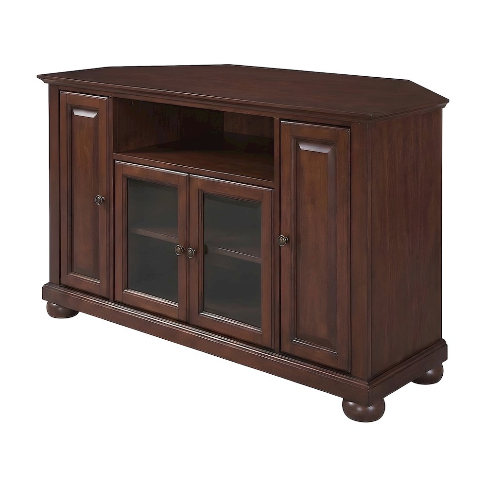 Solid Rubberwood Corner TV Stand with Beveled Glass Doors and Anti-Tip, Mahogany