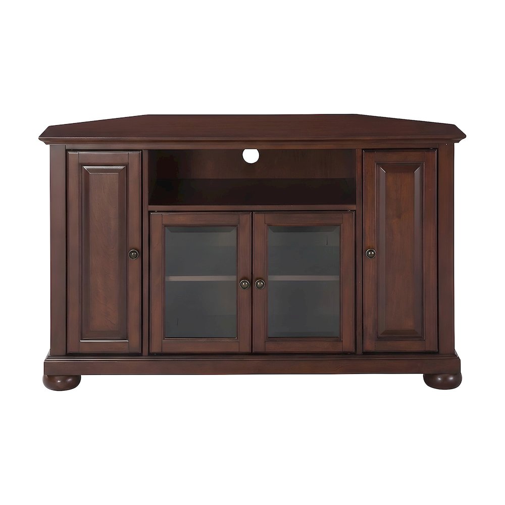 Solid Rubberwood Corner TV Stand with Beveled Glass Doors and Anti-Tip, Mahogany