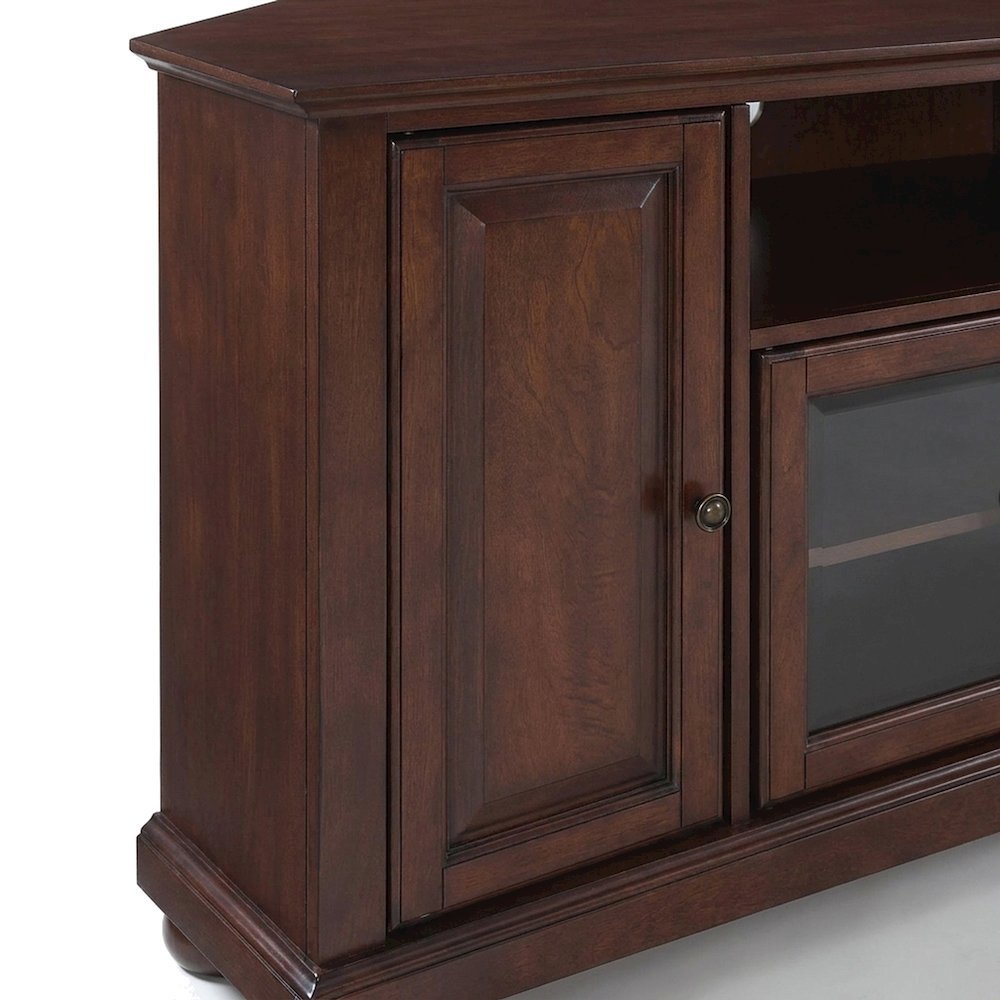 Solid Rubberwood Corner TV Stand with Beveled Glass Doors and Anti-Tip, Mahogany