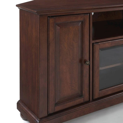 Solid Rubberwood Corner TV Stand with Beveled Glass Doors and Anti-Tip, Mahogany