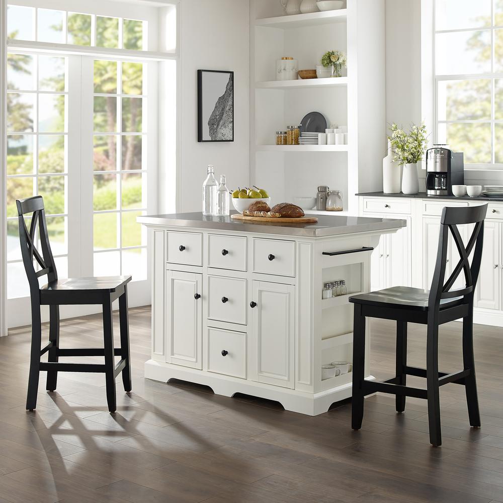 Julia Stainless Steel Top Island W/X-Back Stools - Island & 2 Stools