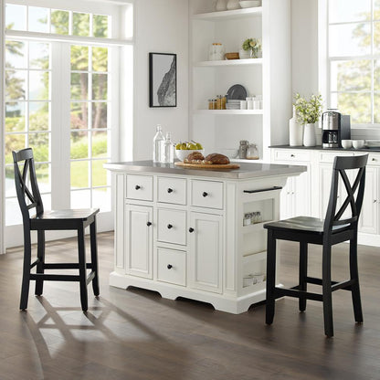 Julia Stainless Steel Top Island W/X-Back Stools - Island & 2 Stools