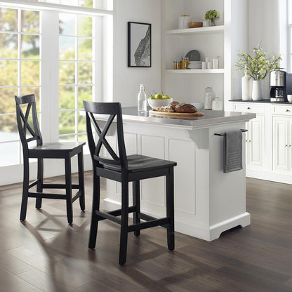 Julia Stainless Steel Top Island W/X-Back Stools - Island & 2 Stools