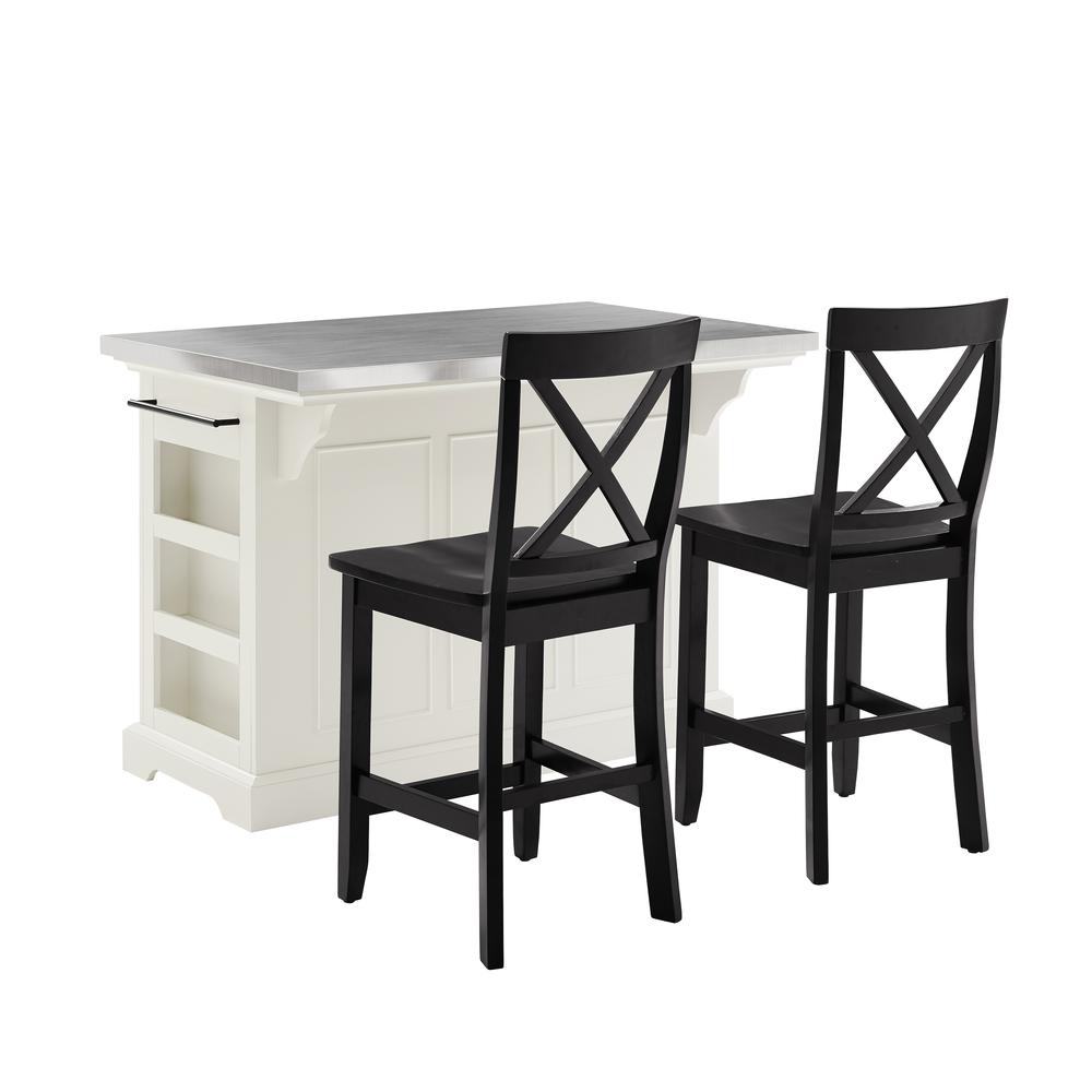 Julia Stainless Steel Top Island W/X-Back Stools - Island & 2 Stools