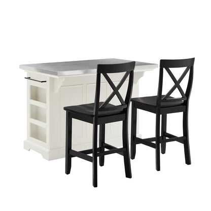 Julia Stainless Steel Top Island W/X-Back Stools - Island & 2 Stools