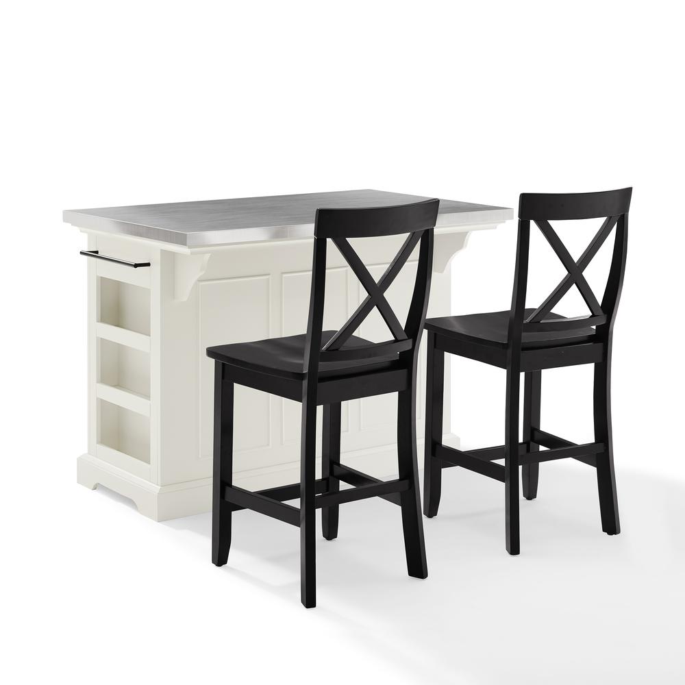 Julia Stainless Steel Top Island W/X-Back Stools - Island & 2 Stools