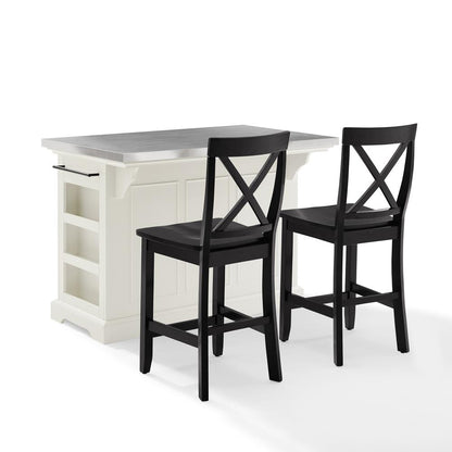 Julia Stainless Steel Top Island W/X-Back Stools - Island & 2 Stools
