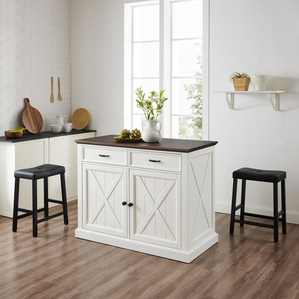 Clifton Kitchen Island W/Uph Saddle Stools - Kitchen Island & 2 Stools