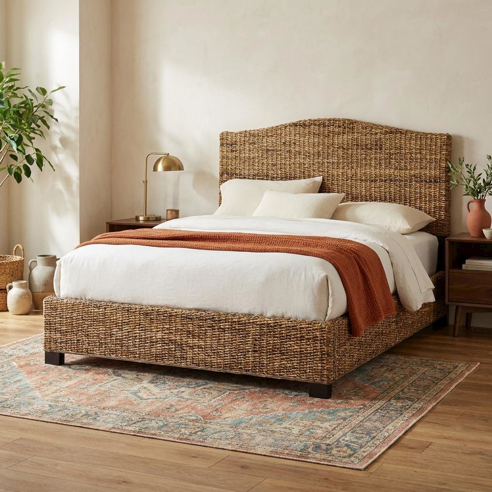Rattan King Bed Frame with Headboard and Footboard in Natural Finish